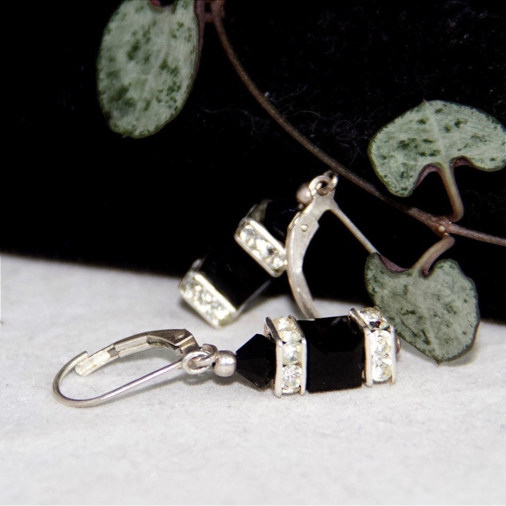 Sterling Silver Black Crystal Rhinestone Drop Earrings Vintage Style Leverback